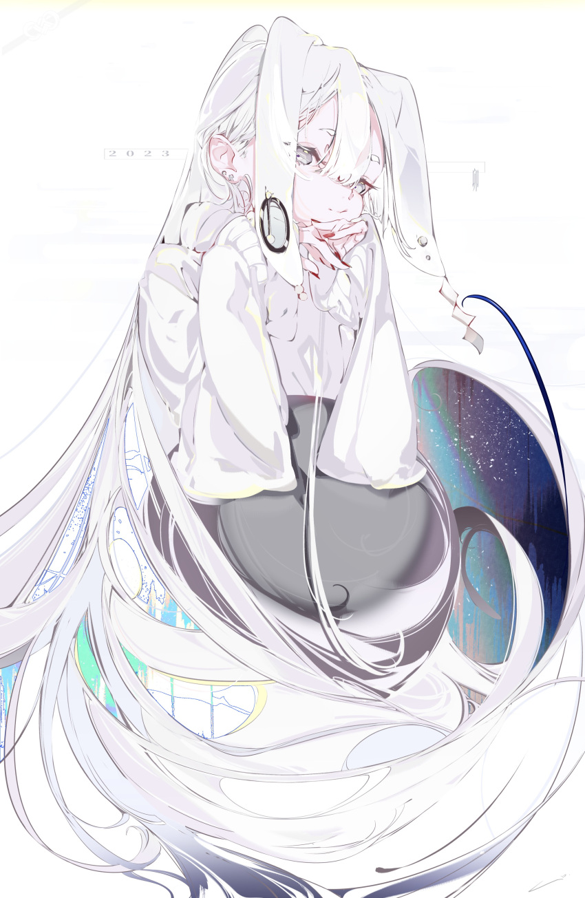 1girl absurdres bangs blunt_bangs grey_eyes highres long_hair looking_at_viewer maimuro original red_nails solo twintails very_long_hair white_background white_hair