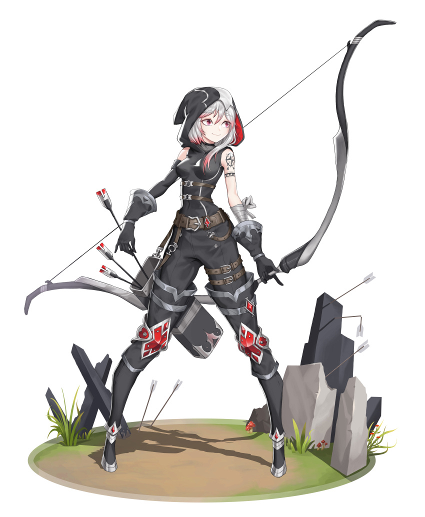 1girl absurdres arrow_(projectile) asymmetrical_bangs bangs belt black_gloves boots bow_(weapon) full_body gloves gradient_hair grass highres holding holding_bow_(weapon) holding_weapon hood hood_up multicolored_hair original quiver red_eyes red_hair redlagon shadow shoulder_tattoo solo standing tattoo thigh_boots two-tone_hair weapon white_background white_hair