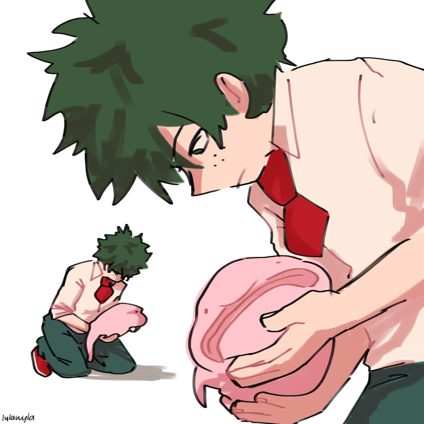 1boy animal blobfish boku_no_hero_academia closed_mouth collared_shirt commentary english_commentary freckles frown green_eyes green_hair green_pants highres holding holding_animal kneeling looking_at_animal lylawyla male_focus meme midoriya_izuku multiple_views necktie pants red_footwear red_necktie school_uniform shirt shoes short_hair signature simple_background u.a._school_uniform white_background white_shirt