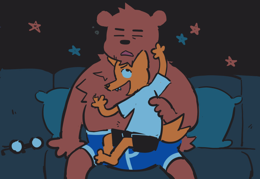 angus_delaney bear boxer_briefs closed_eyes couch fox furry furry_male furry_with_furry gregg_lee highres hug male_focus male_underwear night_in_the_woods on_couch pillow round_eyewear sleepy soildweller star_(symbol) topless_male underwear waking_up