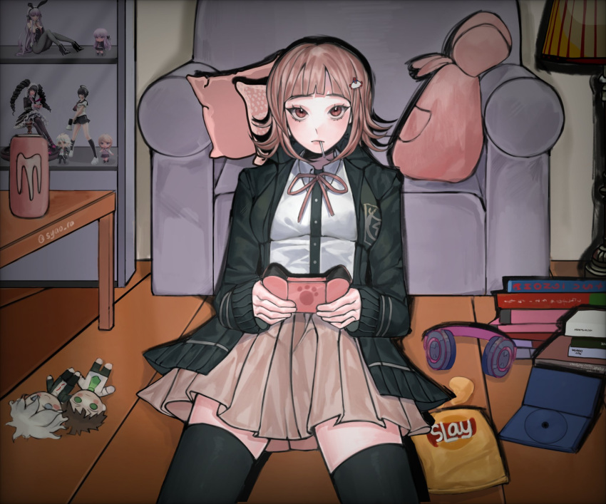 1girl akamatsu_kaede ara_(syao_ra) armchair bangs black_shirt book breasts brown_hair brown_skirt celestia_ludenberg chair chips_(food) collared_shirt controller danganronpa:_trigger_happy_havoc danganronpa_(series) danganronpa_2:_goodbye_despair danganronpa_another_episode:_ultra_despair_girls danganronpa_v3:_killing_harmony dress_shirt flipped_hair food galaga hair_ornament headphones highres hinata_hajime holding holding_controller hood jacket kirigiri_kyouko komaeda_nagito large_breasts long_sleeves looking_at_viewer medium_hair naegi_komaru nanami_chiaki neck_ribbon pink_eyes pink_ribbon pleated_skirt ribbon shelf shirt skirt solo table thighhighs white_shirt