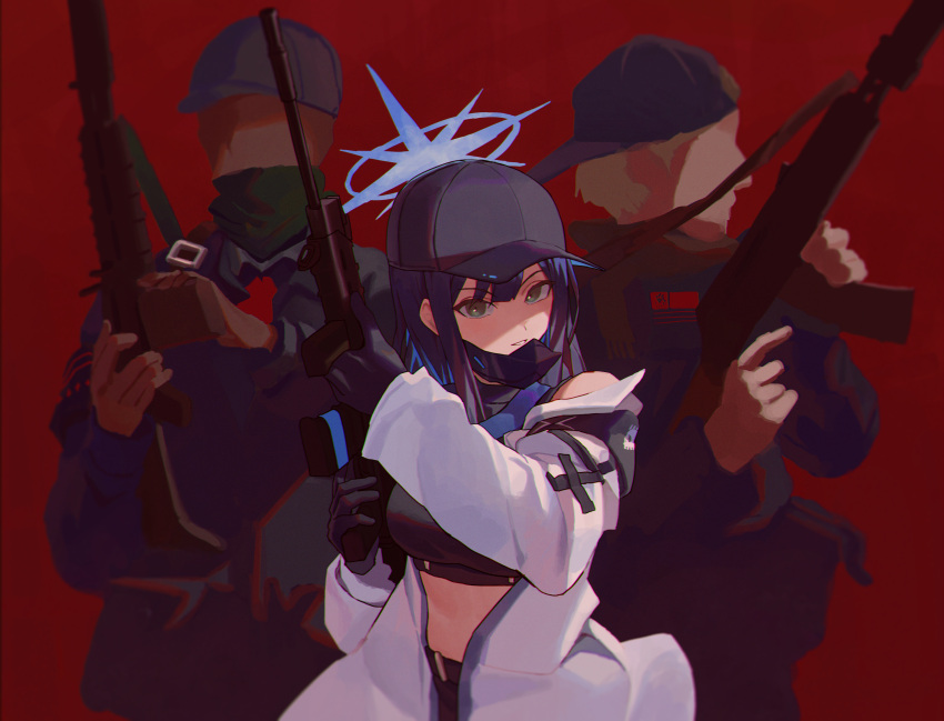 1girl 2boys absurdres ak-105 assault_rifle bangs bare_shoulders baseball_cap black_headwear black_shirt blue_archive blue_hair coat commentary_request crop_top grey_eyes gun halo hat highres kalashnikov_rifle long_hair looking_at_viewer midriff multiple_boys navel open_clothes open_coat parted_lips red_background rifle saori_(blue_archive) shirt sig_516 sig_sauer simple_background starshell stomach upper_body weapon white_coat