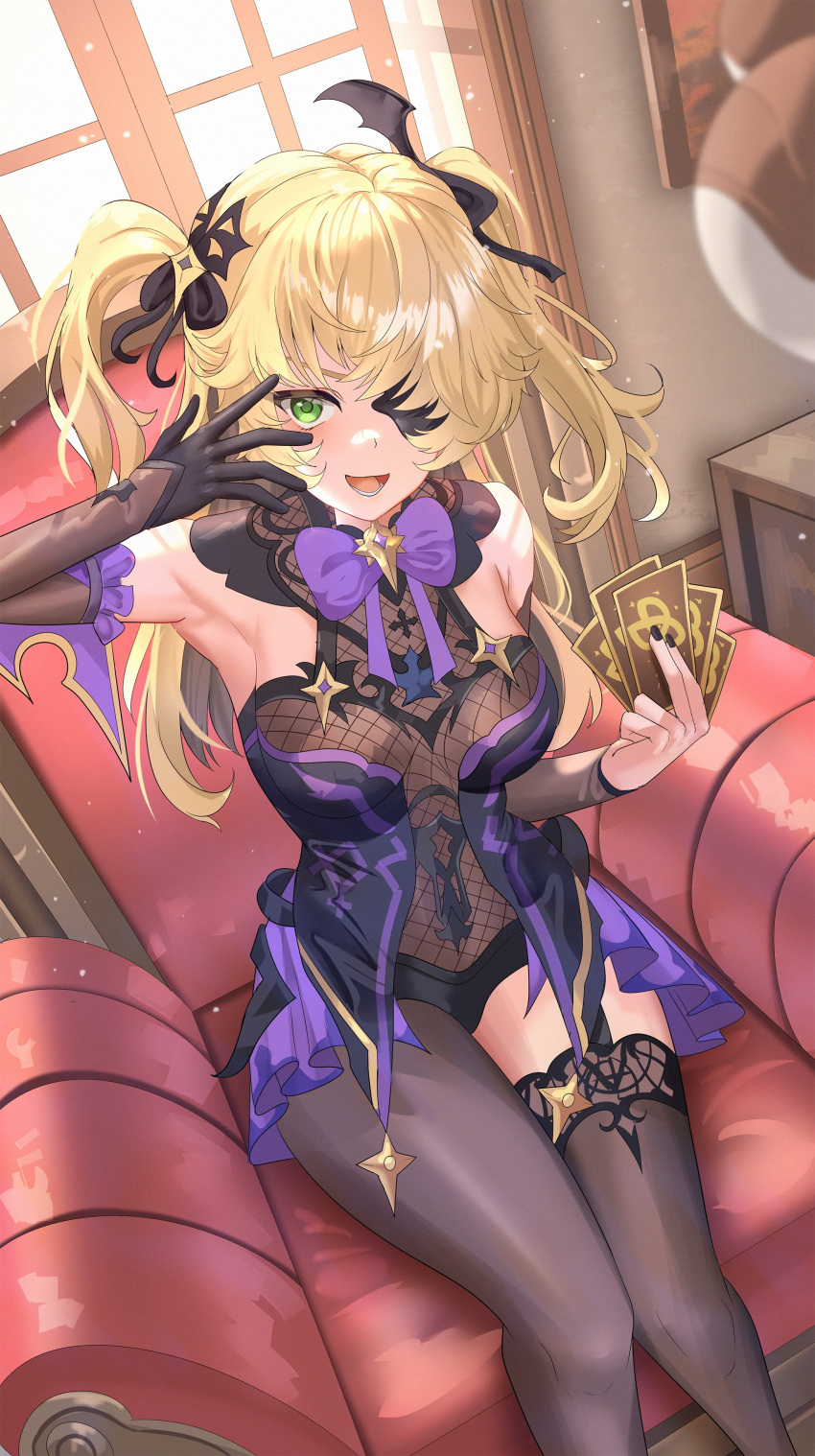 1girl absurdres bangs bat_ornament bird black_footwear blonde_hair bodystocking bodystocking_under_clothes bodysuit boots bow bowtie breasts brown_sleeves card chuunibyou collar couch crow eyepatch fischl_(genshin_impact) fishnet_bodysuit fishnet_top fishnets garter_straps genius_invokation_tcg genshin_impact gloves green_eyes hair_between_eyes hair_over_one_eye hair_ribbon high_heels highres holding holding_card holding_hands leotard light_particles living_room long_hair looking_at_viewer open_mouth purple_bow purple_bowtie purple_ribbon ribbon single_glove single_leg_pantyhose single_sleeve single_thighhigh smile solo sunlight sysen tailcoat thighhighs trading_card two_side_up vision_(genshin_impact) window