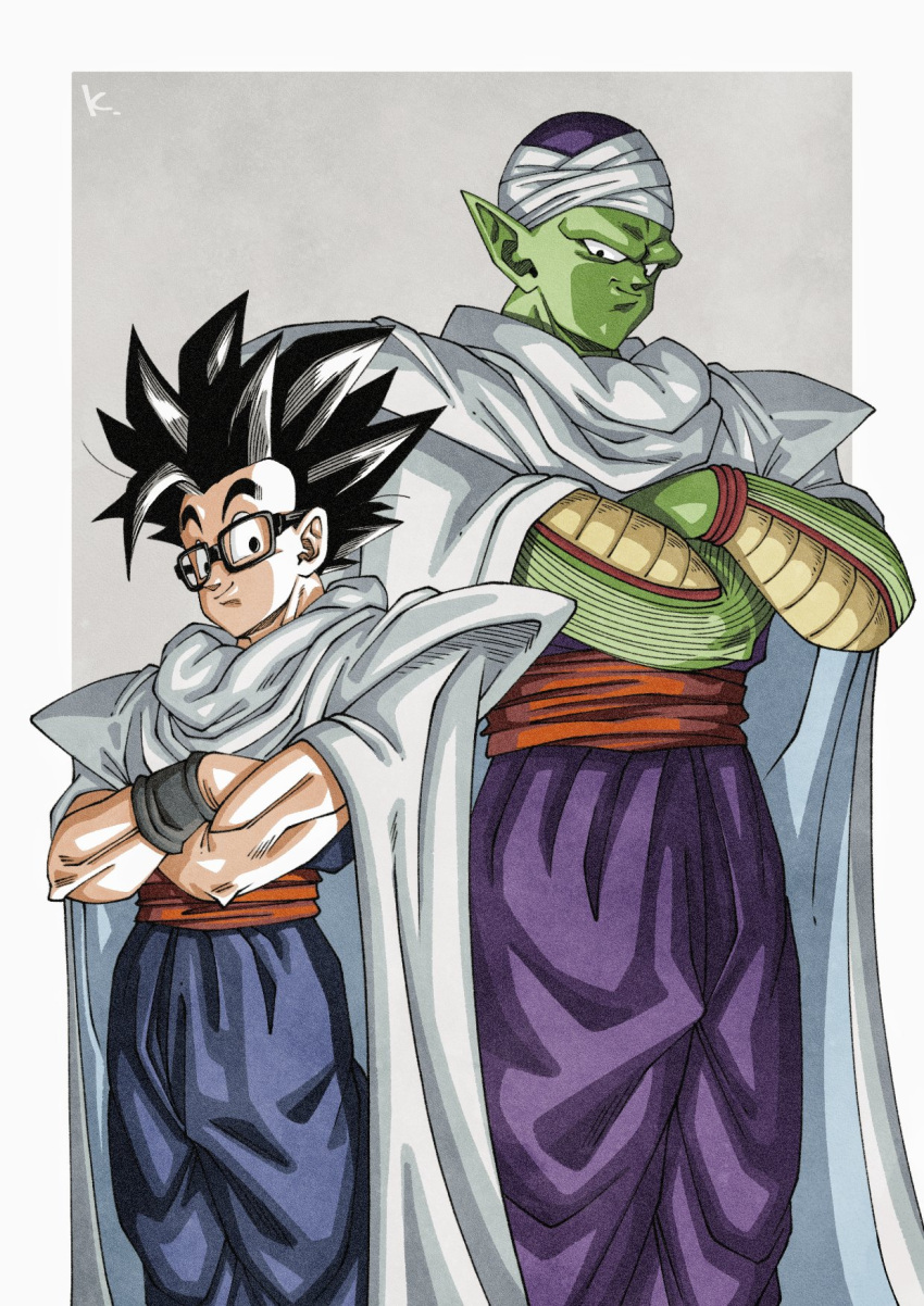 2boys black_eyes black_hair cape colored_skin crossed_arms dragon_ball dragon_ball_super dragon_ball_super_super_hero glasses green_skin highres kakeru_(dbskakeru) male_focus multiple_boys muscular muscular_male piccolo pointy_ears shoulder_pads signature smile son_gohan turban white_cape