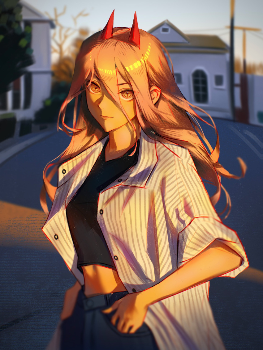 1girl absurdres bangs black_shirt brown_hair chainsaw_man collared_shirt crop_top cross-shaped_pupils day hair_between_eyes hands_in_pockets highres horns house kozzz_y long_hair looking_at_viewer outdoors power_(chainsaw_man) red_hair red_horns road shirt solo street striped striped_shirt sunlight symbol-shaped_pupils yellow_eyes