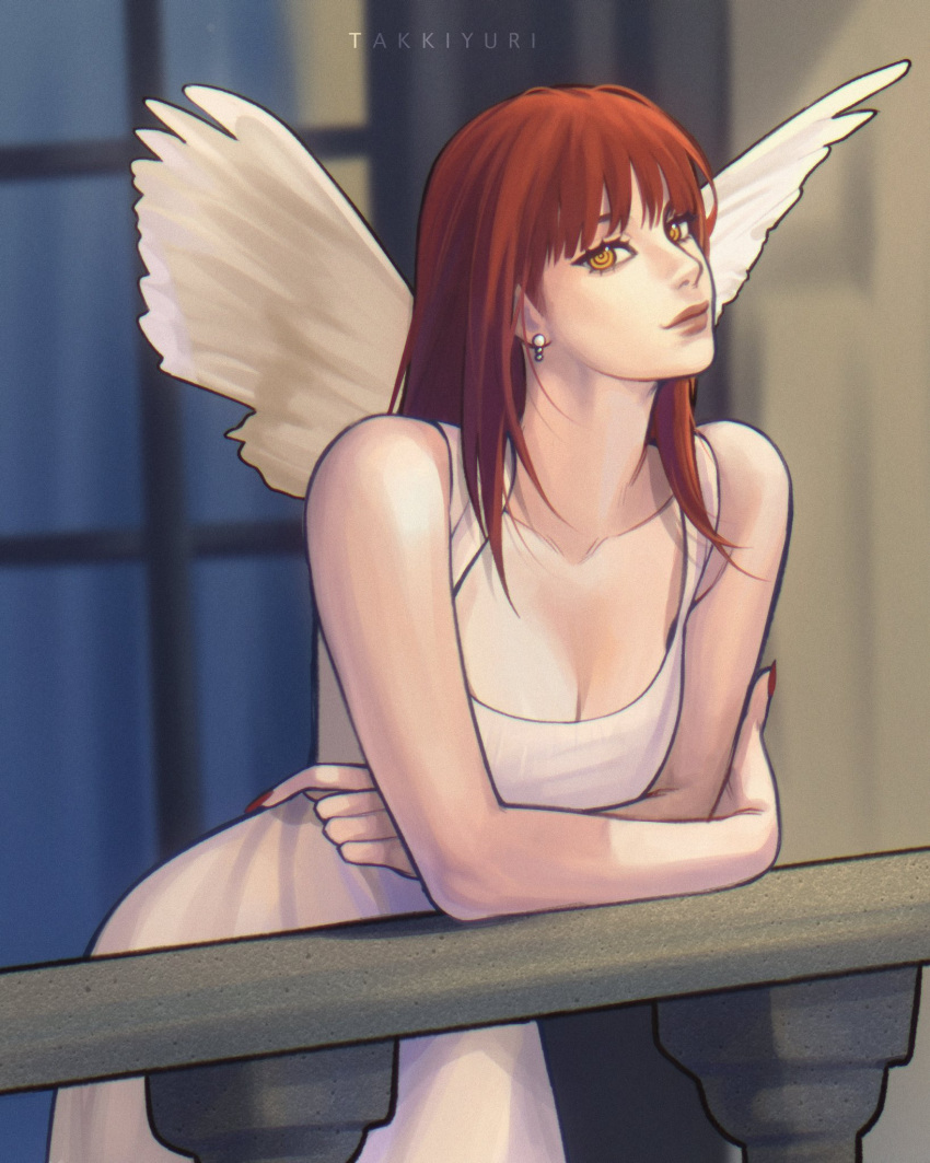 1girl artist_name bangs blurry blurry_background breasts chainsaw_man cleavage crossed_arms dress earrings head_tilt highres jewelry leaning_on_rail long_hair looking_at_viewer makima_(chainsaw_man) red_hair red_nails ringed_eyes solo takkiyuri1 white_dress white_wings wings yellow_eyes