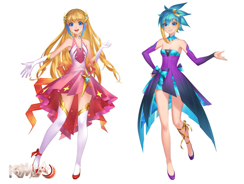 blonde_hair blue_eyes blue_hair breasts collaboration commentary copyright_name dress elbow_gloves english_commentary full_body gloves hair_ornament ishquid kami-con kosho_(kami-con) kriss_sison long_hair medium_hair pink_dress ponytail purple_dress purple_footwear red_footwear second-party_source shio_(kami-con) shoes simple_background small_breasts thighhighs very_long_hair white_background