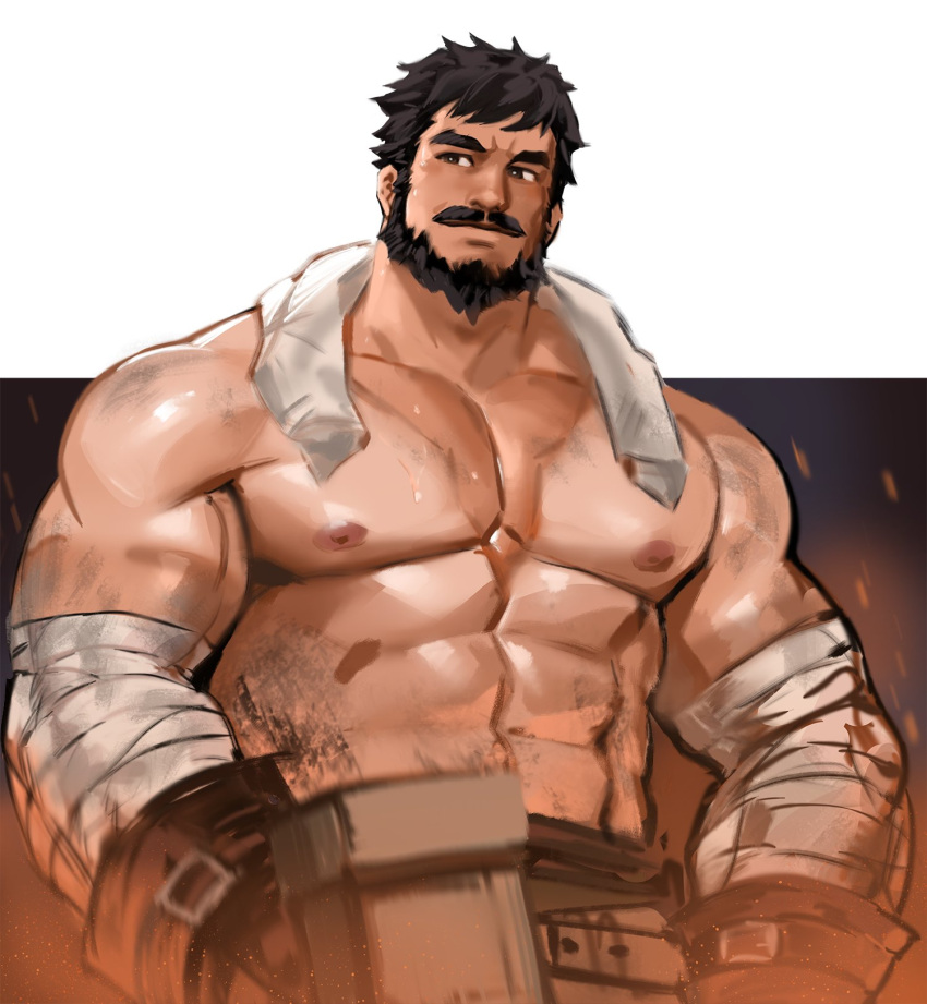 1boy anvil apron bandaged_arm bandages bara beard black_eyes black_hair blacksmith bright_pupils cowboy_shot dirty dirty_clothes dopey_(dopq) facial_hair genshin_impact glowing_hot highres large_pectorals looking_to_the_side male_focus mature_male muscular muscular_male mustache pectorals short_hair smile solo stomach sweat sword tan tanlines thick_eyebrows topless_male wagner_(genshin_impact) waist_apron weapon