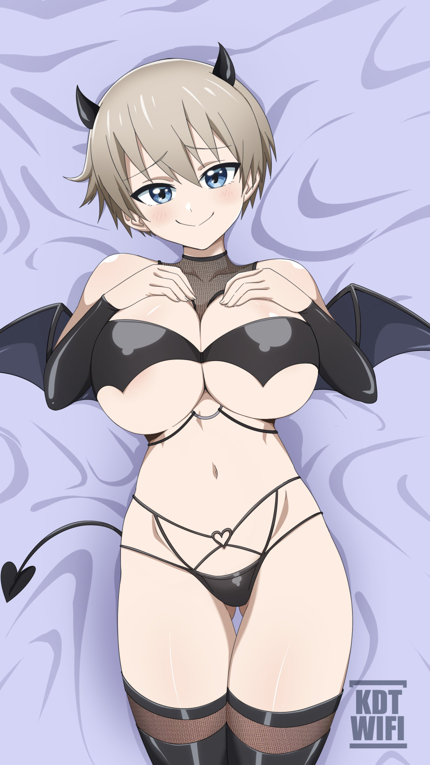 1girl absurdres artist_logo ass_visible_through_thighs bangs bikini black_bikini black_sleeves black_thighhighs blue_eyes blush breasts demon_girl demon_horns demon_tail demon_wings detached_sleeves from_above grey_hair hair_between_eyes hands_on_own_chest highres horns huge_breasts kdtwifi looking_at_viewer lying navel on_back shiny shiny_skin short_hair smile solo stomach swimsuit tail thigh_gap thighhighs thighs uzaki-chan_wa_asobitai! uzaki_hana wings