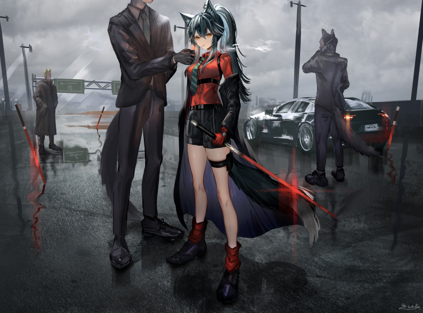 1girl 3boys absurdres animal_ears aqua_necktie arknights black_coat black_footwear black_hair black_jacket black_shorts black_suit boots breasts car coat collared_shirt commentary commentary_request formal full_body gloves grey_sky ground_vehicle hair_between_eyes hands_in_pockets highres highway holding holding_lighter holding_phone holding_sword holding_weapon jacket lamppost lighter long_hair long_sleeves looking_at_viewer loose_necktie medium_breasts motor_vehicle multiple_boys multiple_swords nanaponi necktie off_shoulder official_alternate_costume open_clothes open_jacket out_of_frame outdoors phone planted planted_sword ponytail red_eyes red_gloves red_shirt red_socks revision road road_sign shirt shirt_tucked_in shoes shorts sidelocks sign socks solo_focus striped_necktie suit sword tail texas_(arknights) texas_(willpower)_(arknights) thigh_strap thighs watch weapon white_shirt wolf_boy wolf_ears wolf_girl wolf_tail wristwatch