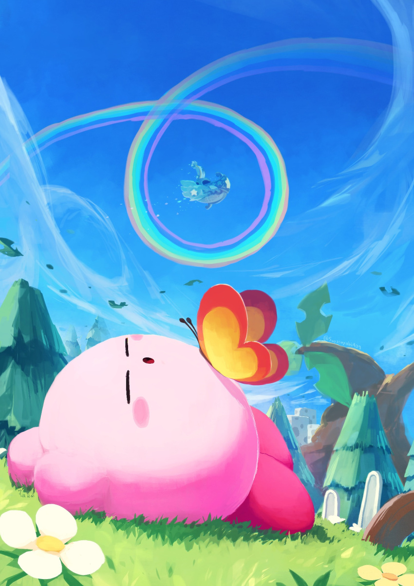 blue_sky bug butterfly closed_eyes flower full_body grass highres kirby kirby's_return_to_dream_land kirby_(series) no_humans outdoors rainbow scenery ship sky sleeping solo star_(symbol) suyasuyabi tree watercraft white_flower wind