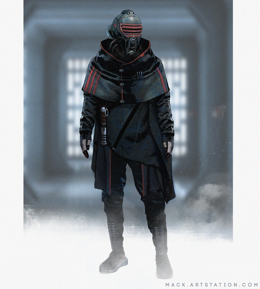 1other ambiguous_gender black_footwear black_gloves black_jacket boots cable energy_sword english_commentary full_body gloves helmet highres holstered_weapon jacket lightsaber looking_to_the_side mack_sztaba original science_fiction sith star_wars sword weapon web_address