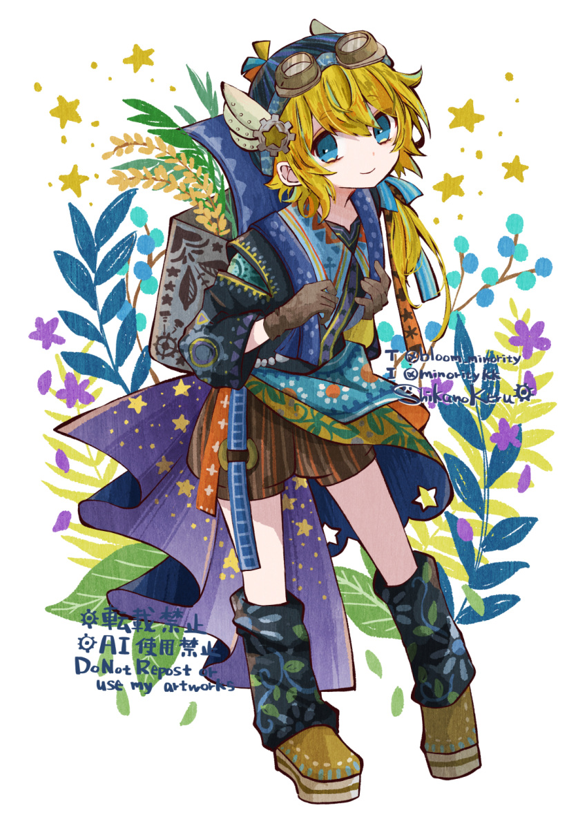 1boy artist_name blonde_hair bloomminority blue_eyes blue_flower fantasy flower full_body goggles goggles_on_head goggles_on_headwear hat highres long_hair looking_at_viewer low_ponytail male_focus original side_ponytail smile solo star_(symbol) star_print steampunk twitter_username white_background