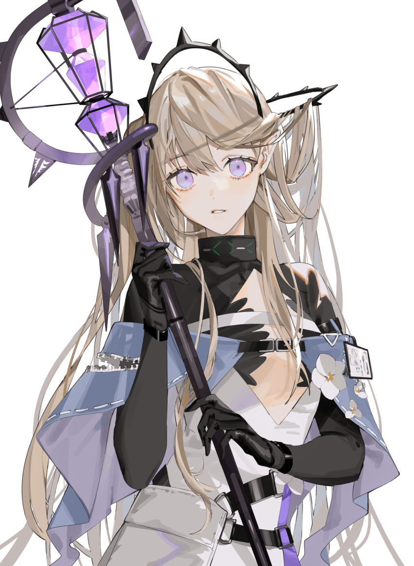 1girl arknights black_gloves blonde_hair collar dress elbow_gloves flat_chest gloves hair_ornament highres holding holding_staff id_card indigo_(arknights) infection_monitor_(arknights) long_hair looking_at_viewer parted_lips pointy_ears purple_eyes solo staff upper_body very_long_hair vient white_dress