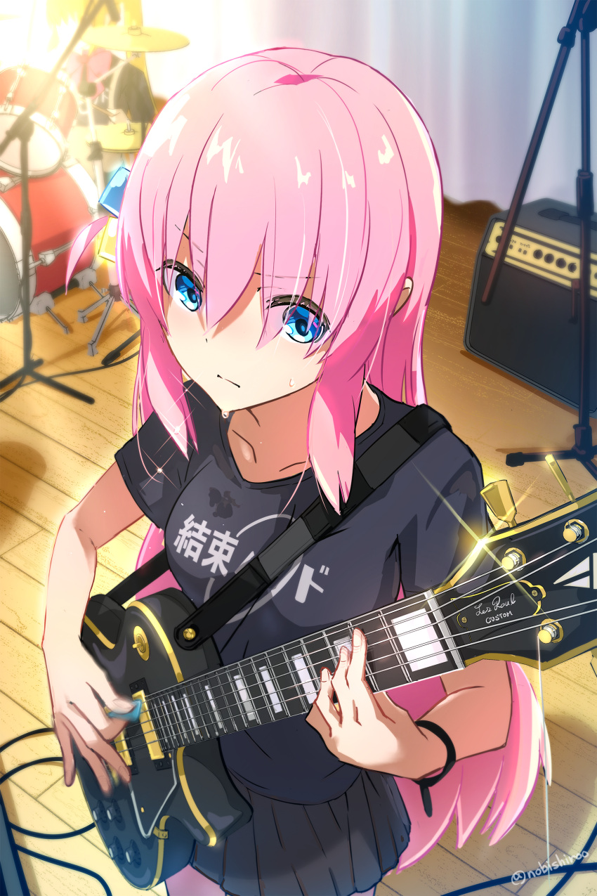 2girls absurdres bangs black_shirt black_skirt blonde_hair blue_eyes bocchi_the_rock! breasts closed_mouth commentary_request cube_hair_ornament drum drum_set electric_guitar gibson_les_paul gotou_hitori guitar hair_between_eyes hair_ornament highres holding holding_instrument ijichi_nijika instrument long_hair loup medium_breasts multiple_girls one_side_up pants pants_under_skirt pink_hair pink_pants pleated_skirt plectrum revision shirt short_sleeves skirt solo_focus stage standing track_pants v-shaped_eyebrows very_long_hair