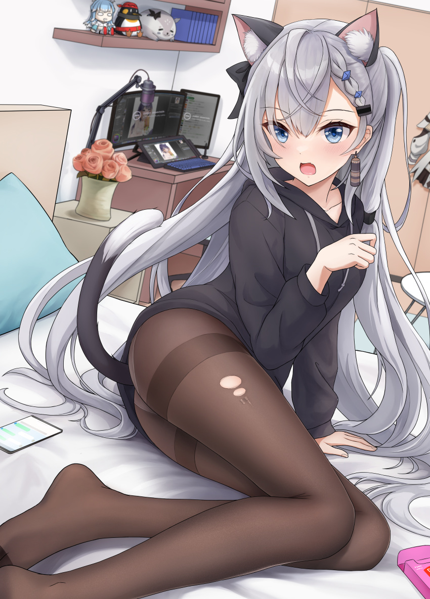 1girl absurdres alternate_costume animal_ear_fluff animal_ears bed_sheet bedroom black_bow black_sweater blue_eyes blush bow braid breasts brown_pantyhose cat_ears cat_girl cat_tail cellphone collarbone feet foot_out_of_frame grey_hair hair_between_eyes hair_bow highres hololive hololive_english hololive_indonesia hood hood_down hooded_sweater indoors kaela_kovalskia_(penguin) kobo_kanaeru legs long_hair looking_at_viewer medium_breasts ninomae_ina'nis no_shoes on_bed open_mouth panties panties_under_pantyhose pantyhose phone shiny shiny_hair single_braid sitting smartphone solo sweater tail thighband_pantyhose thighs torn_clothes torn_pantyhose underwear very_long_hair vestia_zeta virtual_youtuber zeng$_(zwj)