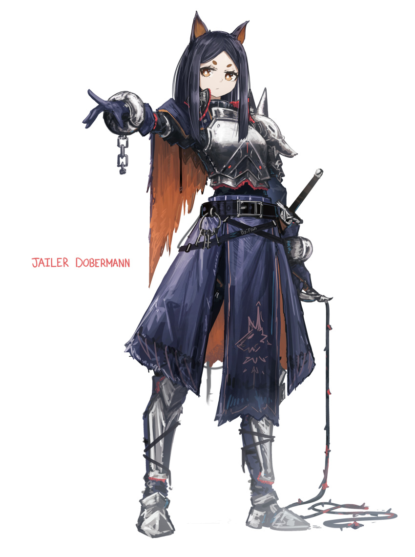 1girl absurdres alternate_costume animal_ears arknights armor armored_boots belt black_hair boots breastplate bright_pupils brown_eyes chain character_name closed_mouth cuffs dobermann_(arknights) dog_ears expressionless franlol full_body highres holding holding_weapon holding_whip key keychain knee_boots long_hair looking_at_viewer outstretched_arm shackles shoulder_armor signature solo standing v-shaped_eyebrows weapon