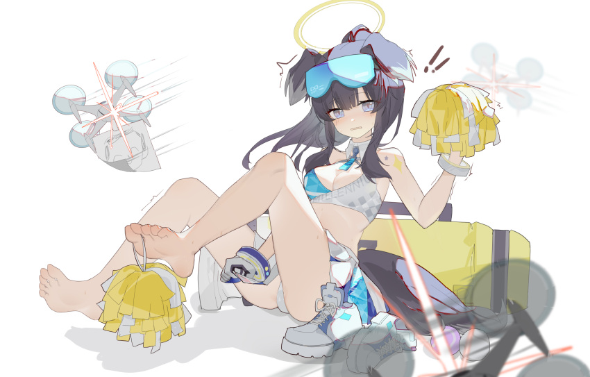 1girl absurdres ass bangs bare_legs bare_shoulders barefoot between_toes black_hair blue_archive blue_eyes blush cheerleader feet goggles goggles_on_head halo hibiki_(blue_archive) hibiki_(cheerleader)_(blue_archive) highres kele_mimi legs long_hair looking_at_viewer miniskirt official_alternate_costume panties pleated_skirt pom_pom_(cheerleading) quadcopter shoes shoes_removed sidelocks simple_background sitting skirt soles solo strapless sweat tail toes underwear white_background white_panties white_skirt