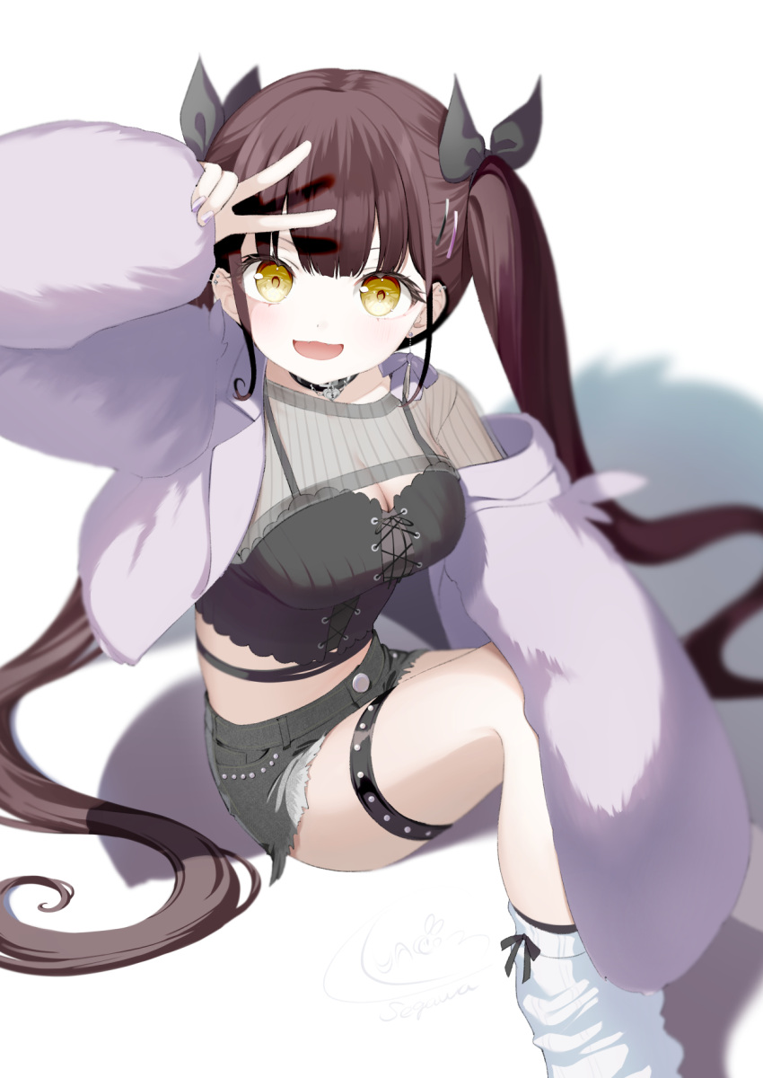 1girl :3 :d bangs black_ribbon breasts brown_hair character_request cleavage coat corset earrings fur_coat grey_camisole grey_shorts hair_ornament hair_ribbon hairclip highres jewelry large_breasts leg_warmers long_hair looking_at_viewer luna_segawa midriff open_clothes open_coat original ribbon see-through short_shorts shorts shrug_(clothing) simple_background sitting smile solo thigh_strap twintails v very_long_hair white_background white_coat yellow_eyes