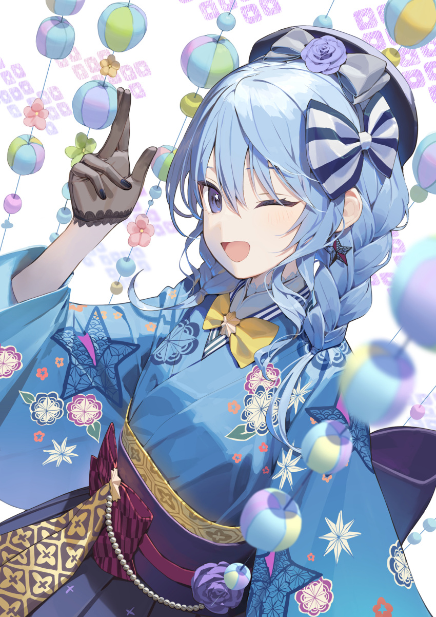 1girl ;d alternate_costume bangs beret black_gloves blue_bow blue_eyes blue_hair blue_hakama blue_kimono blue_nails bow braid commentary_request flower gloves hakama hakama_skirt hand_up hat hat_flower highres hololive hoshimachi_suisei japanese_clothes kimono kitada_mo long_hair long_sleeves obi one_eye_closed open_mouth pleated_skirt purple_flower red_bow sash see-through_gloves skirt smile solo star_(symbol) striped striped_bow twin_braids two-tone_bow upper_body virtual_youtuber white_bow wide_sleeves yellow_bow