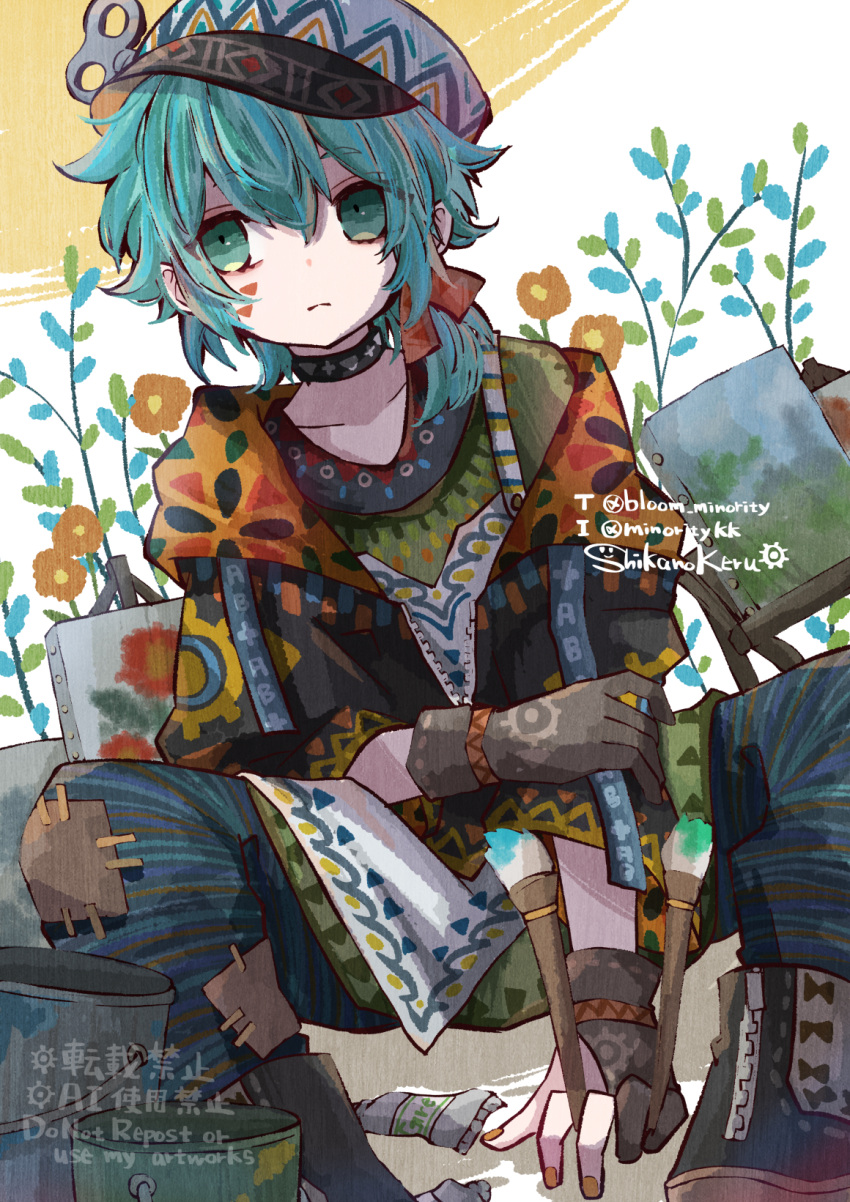 1boy aqua_eyes artist_name bloomminority blue_hair choker facing_viewer fantasy floral_background flower gloves hat highres looking_to_the_side male_focus nail_polish original red_flower short_hair solo steampunk twitter_username white_background