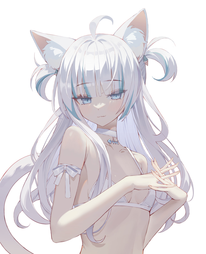 1girl :3 absurdres ahoge animal_ears bangs blue_eyes blue_hair blunt_bangs blush bra breasts cat_ears cat_tail choker gawr_gura grey_hair hair_ornament highres hololive hololive_english long_hair looking_at_viewer multicolored_hair ribbon small_breasts solo streaked_hair tail two_side_up underwear upper_body virtual_youtuber white_background white_bra yoru_(0_0yoru)