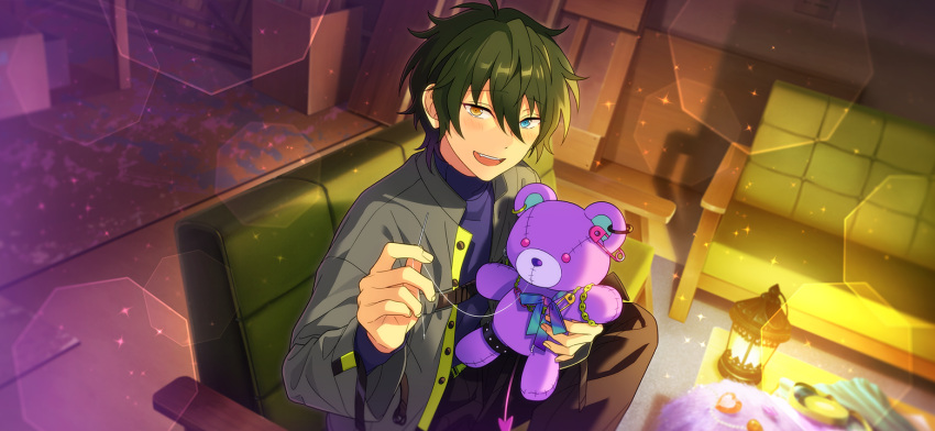 1boy aqua_eyes bangs buttons chain couch ear_piercing ensemble_stars! green_skirt hair_between_eyes happy happy_elements high_collar holding holding_stuffed_toy jacket kagehira_mika lantern light_blush long_sleeves needle official_art on_couch open_clothes open_jacket open_mouth piercing safety_pin sewing sewing_needle short_hair skirt smile solo stuffed_animal stuffed_toy sweater tail teddy_bear teeth third-party_source turtleneck turtleneck_sweater upper_teeth_only yellow_eyes