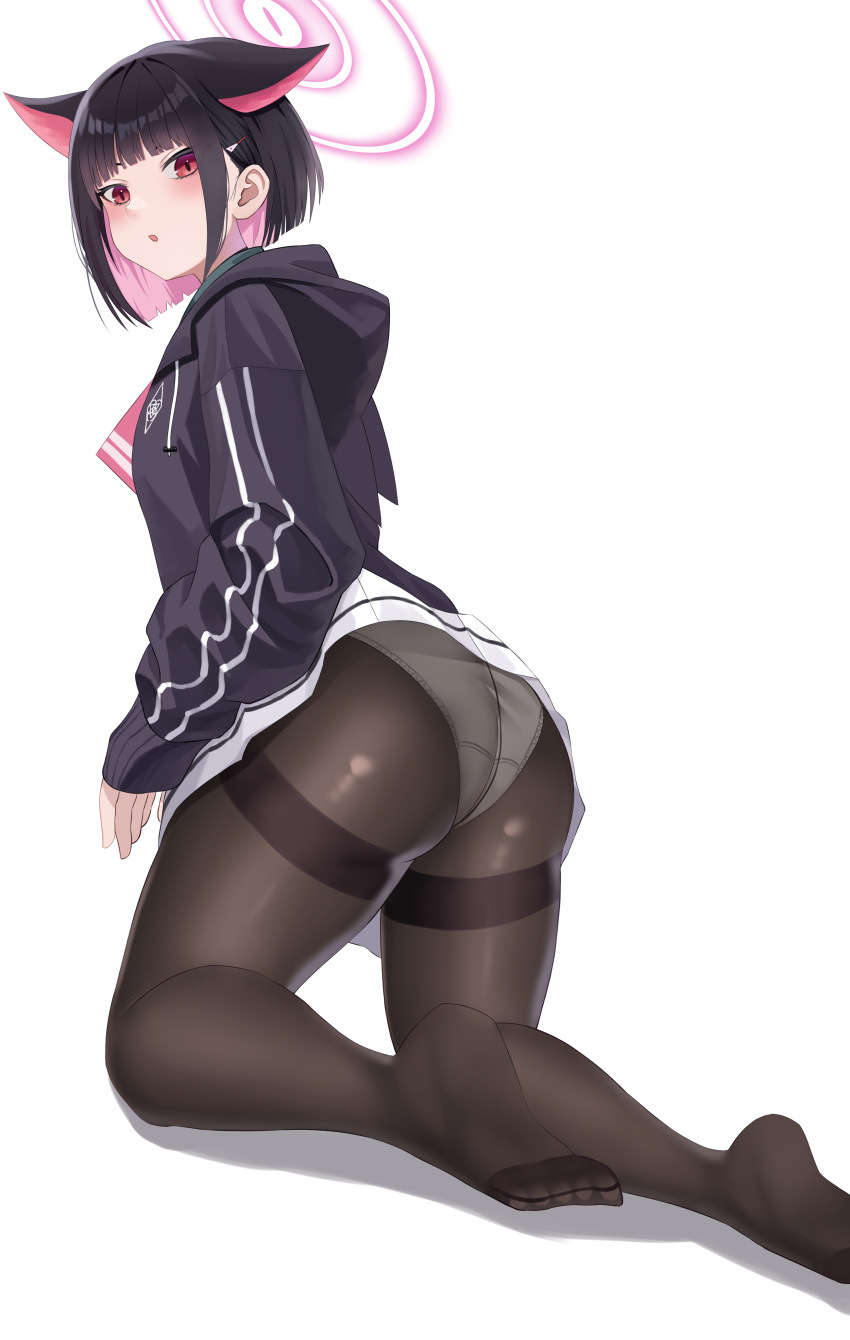 1girl :o absurdres animal_ears ass bangs black_hair black_hoodie black_pantyhose blue_archive blunt_bangs blush breasts cat_ears colored_inner_hair commentary crotch_seam feet from_behind fujisawa_sorao full_body hair_ornament hairclip halo highres hood hoodie kazusa_(blue_archive) kneeling legs long_sleeves looking_at_viewer looking_back multicolored_hair no_shoes panties panties_under_pantyhose pantyhose parted_lips pink_hair red_eyes short_hair simple_background small_breasts soles solo straight_hair thighband_pantyhose toes two-tone_hair underwear white_background white_panties