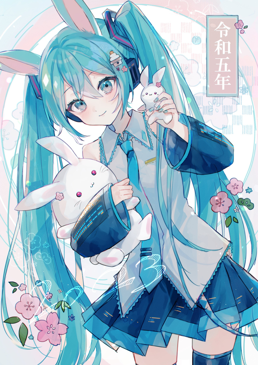 1girl 2023 absurdres animal_ears aqua_eyes aqua_hair collared_shirt commentary_request detached_sleeves flower hair_between_eyes hand_up hatsune_miku headphones highres holding holding_stuffed_toy long_hair looking_at_viewer nail_polish necktie new_year pleated_skirt rabbit_ears shirt skirt smile solo stuffed_animal stuffed_bunny stuffed_toy thighhighs tie_clip translation_request very_long_hair vocaloid wide_sleeves yazu82