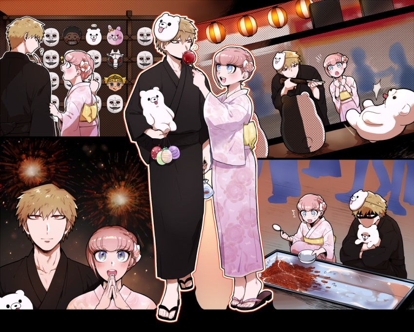 1boy 1girl :d :o ? afro alternate_costume andou_ruruka bandai_daisaku bangs bear_mask blonde_hair blush bow candy_apple collarbone danganronpa_(series) danganronpa_2:_goodbye_despair danganronpa_3_(anime) egg festival fireworks fish food grin gun hair_bow holding holding_gun holding_weapon izayoi_sounosuke japanese_clothes kimono looking_at_another mask monokuma monomi_(danganronpa) notice_lines obi open_mouth pink_hair pink_kimono sandals sash shimada_(dmisx) shirokuma_(danganronpa) short_hair smile stuffed_animal stuffed_toy teddy_bear teeth weapon white_bow zouri