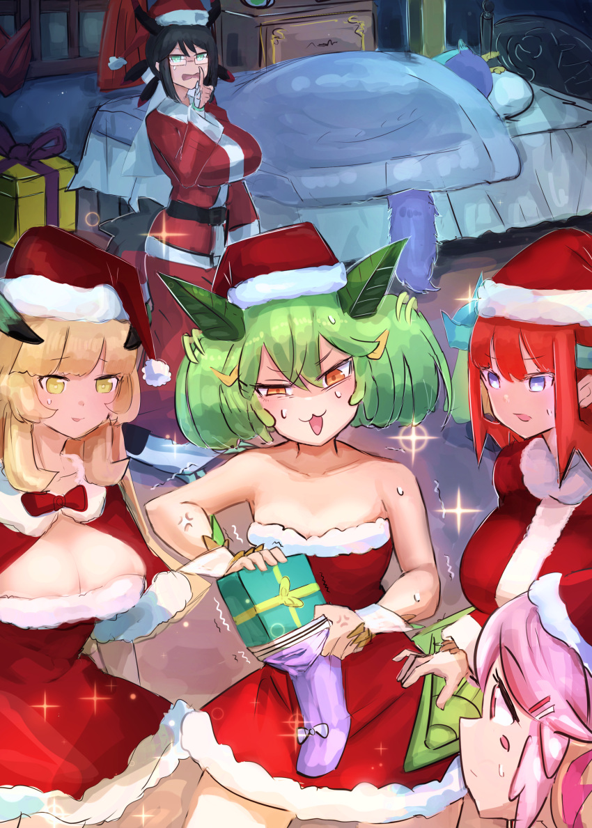 4girls absurdres box chamber_dragonmaid christmas curled_horns dragon_girl dragon_horns dragon_tail dress duel_monster fur-trimmed_dress fur-trimmed_headwear fur_trim gift gift_box hat hatano_kiyoshi highres horns house_dragonmaid kitchen_dragonmaid laundry_dragonmaid merry_christmas monster_girl multiple_girls nurse_dragonmaid parlor_dragonmaid red_headwear sack santa_costume santa_dress santa_hat tail yellow_horns yu-gi-oh!