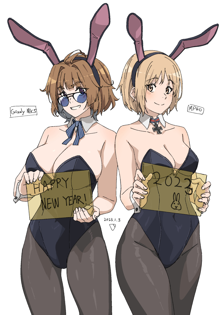 2girls animal_ears bangs blonde_hair blue-tinted_eyewear blush bow bowtie breasts brown_eyes brown_hair character_name chinese_zodiac cleavage commission covered_navel cross dated detached_collar girls'_frontline grizzly_mkv_(girls'_frontline) happy_new_year highres holding iron_cross large_breasts leotard looking_at_viewer looking_over_eyewear mp40_(girls'_frontline) multiple_girls non-web_source open_mouth pantyhose pixiv_commission playboy_bunny purple_eyes rabbit_ears short_hair signature smile strapless strapless_leotard sunglasses tinted_eyewear triangle_bullet wrist_cuffs year_of_the_rabbit