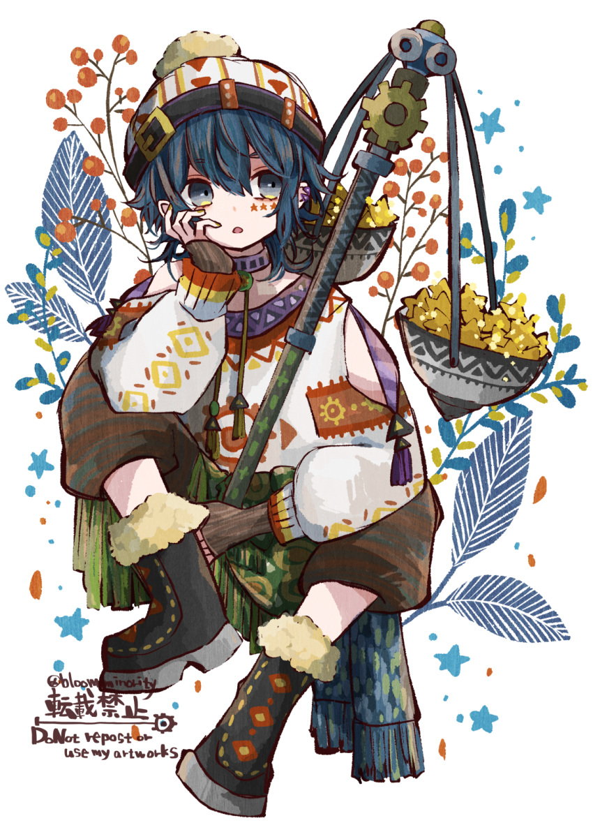 1boy artist_name bloomminority blue_eyes blue_hair dark_blue_hair facing_viewer fantasy floral_background flower full_body hat head_rest highres looking_to_the_side male_focus original red_flower short_hair solo star_(symbol) steampunk twitter_username white_background