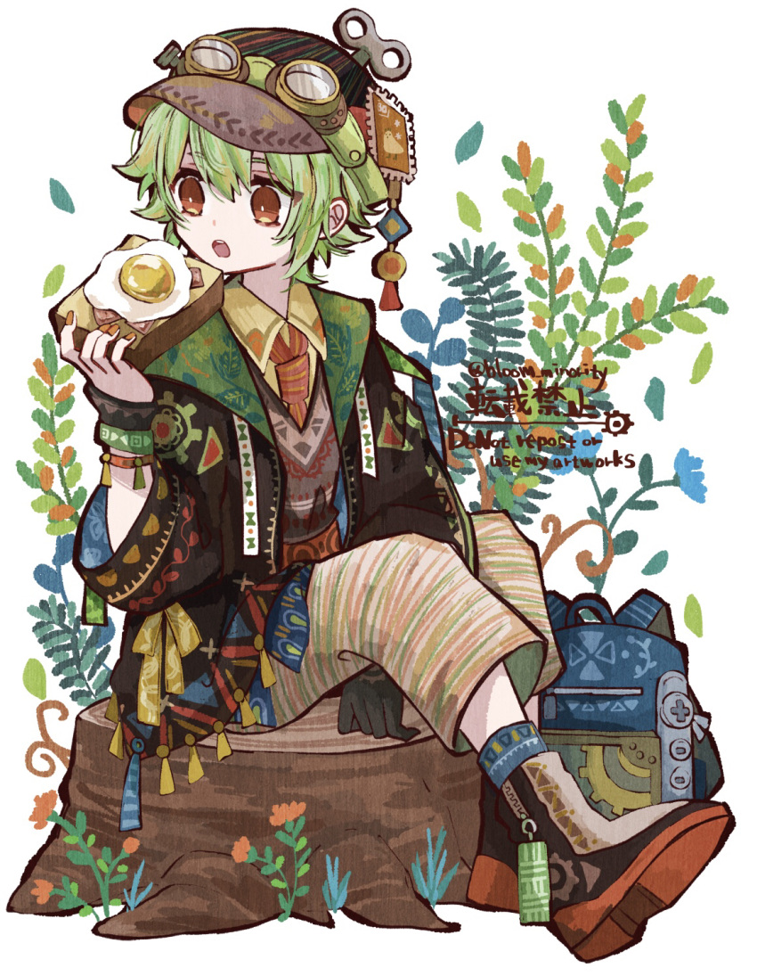 1boy artist_name bloomminority egg_(food) fantasy food full_body gloves goggles goggles_on_head goggles_on_headwear green_hair hat highres holding holding_food leaf male_focus open_mouth orange_eyes original short_hair sitting sitting_on_tree_stump solo steampunk toast tree_stump twitter_username white_background