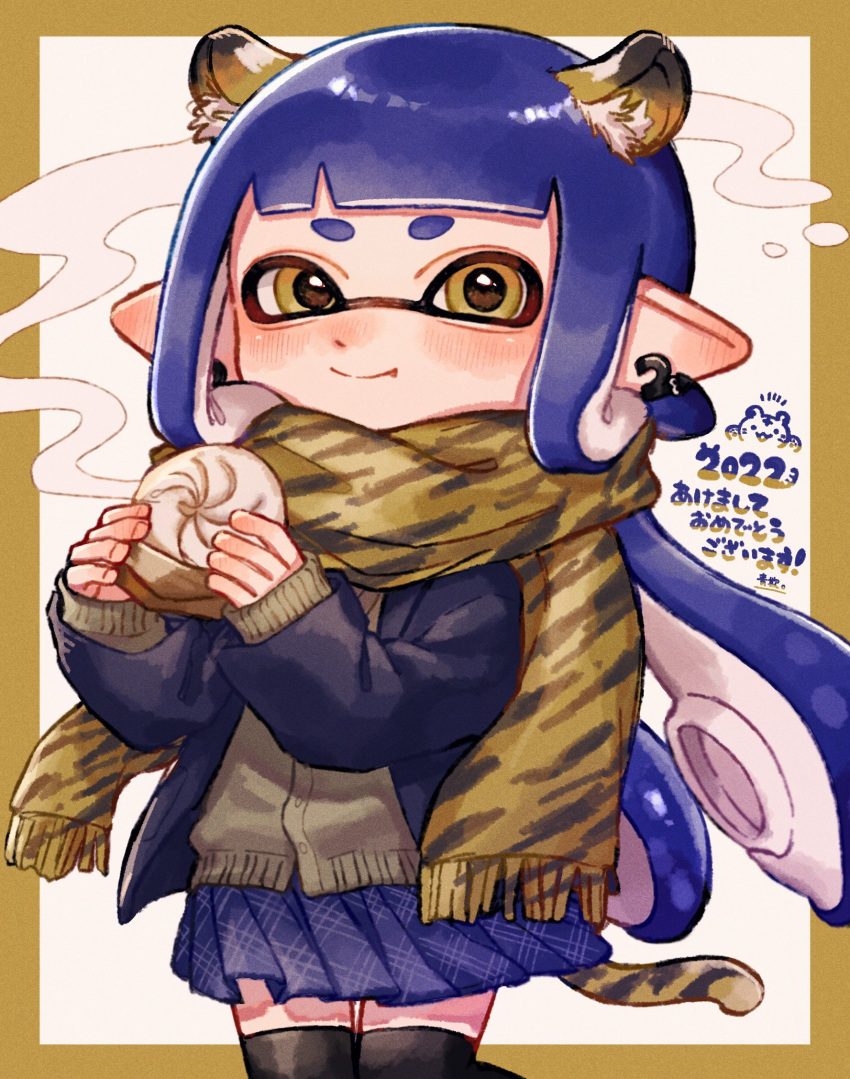 1girl 2022 akeome animal_ears aoaza_83 artist_name bangs baozi black_jacket black_thighhighs blazer blue_hair blue_skirt blunt_bangs border brown_border brown_cardigan brown_eyes cardigan closed_mouth commentary earrings fang food fringe_trim happy_new_year highres holding holding_food inkling inkling_girl jacket jewelry kemonomimi_mode long_hair long_sleeves looking_at_viewer miniskirt pleated_skirt pointy_ears school_uniform signature skirt smile solo splatoon_(series) standing steam tail tentacle_hair thighhighs tiger_ears tiger_tail translated