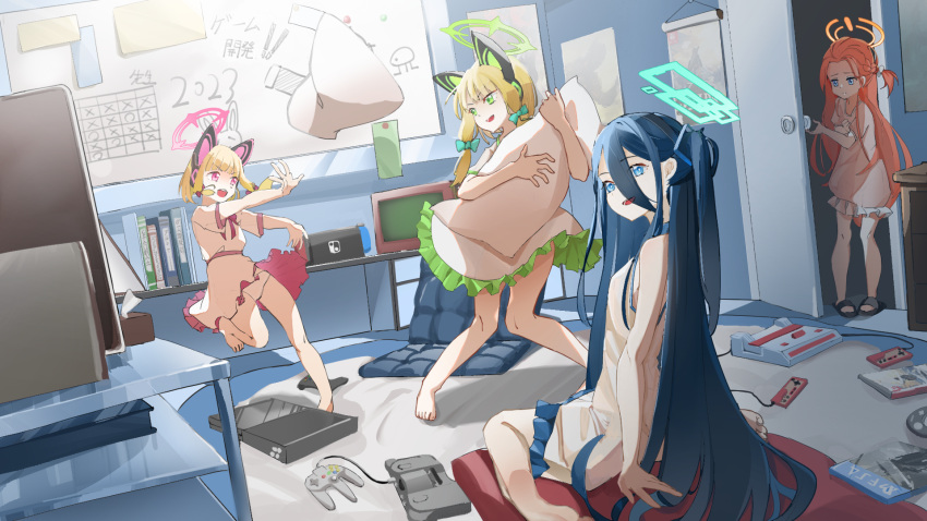 4girls absurdly_long_hair animal_ear_headphones animal_ears aris_(blue_archive) bangs barefoot black_hair blonde_hair blue_archive blue_eyes bow bow_panties cat_ear_headphones commentary_request fake_animal_ears feet forehead game_console green_eyes hair_between_eyes halo hanging_scroll headphones highres indoors long_hair looking_at_another looking_at_viewer midori_(blue_archive) momoi_(blue_archive) multiple_girls nintendo_64 nintendo_64_controller nintendo_switch open_mouth orange_hair pajamas panties pantyshot pillow pillow_fight pink_eyes playstation_4 poster_(object) sandals scroll short_sleeves siblings sisters sitting smile standing super_nintendo television throwing tissue_box toes twins underwear very_long_hair wariza white_panties whiteboard yuzu_(blue_archive) zhangshuo666