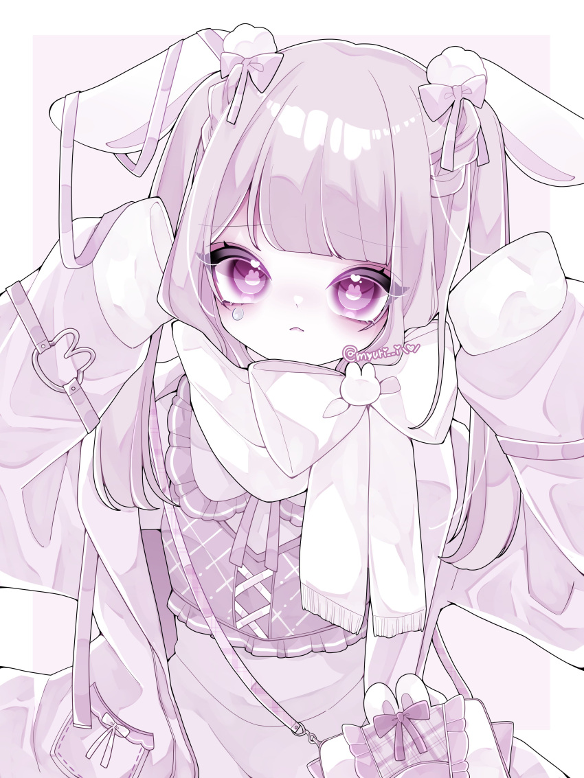 1girl absurdres animal_ears bangs blunt_bangs bow cross crying crying_with_eyes_open fur highres long_sleeves looking_at_viewer myuri_i original oversized_clothes pink_bow pink_eyes pink_hair pocket rabbit-shaped_pupils rabbit_ears rabbit_o-ring shiny shiny_hair sleeves_past_fingers sleeves_past_wrists solo symbol-shaped_pupils tears v-shaped_eyebrows