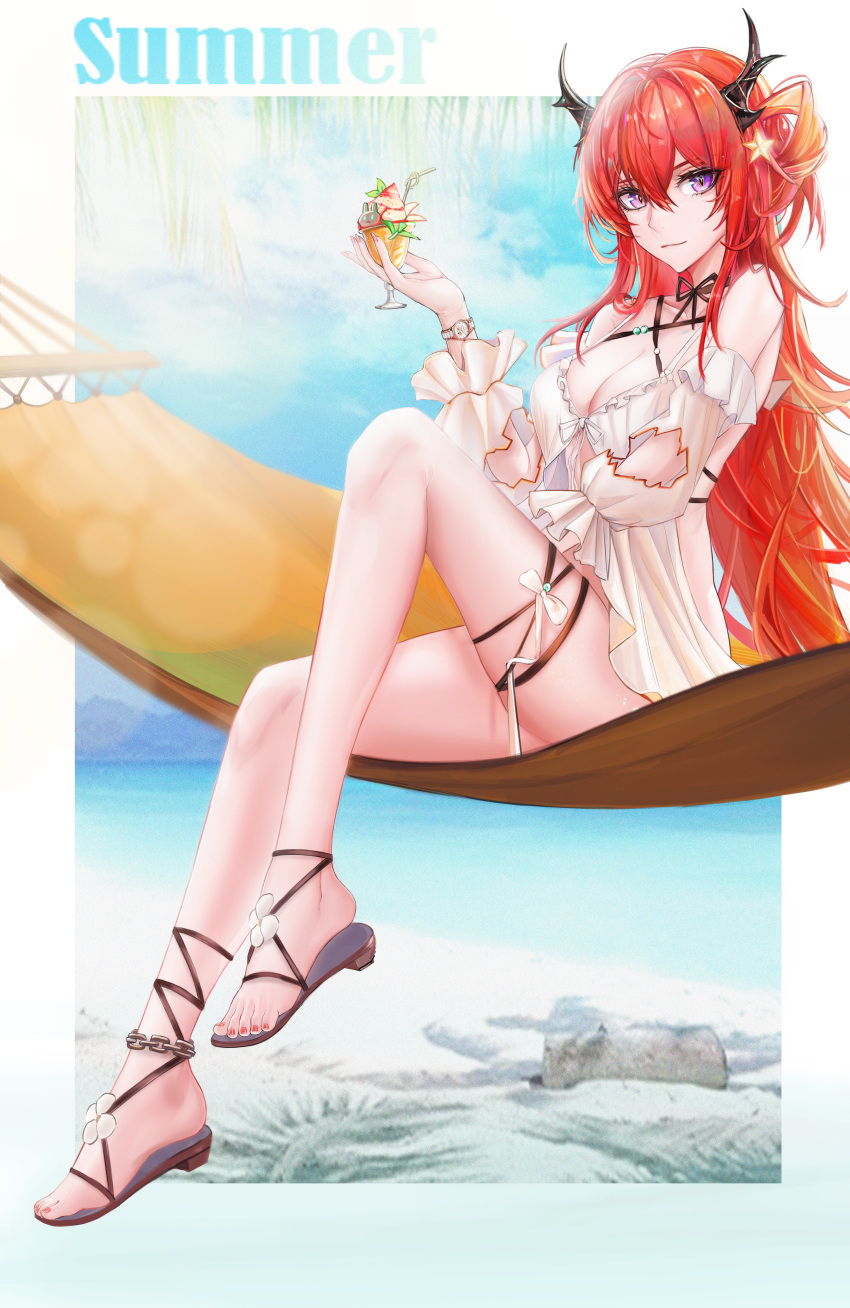 1girl absurdres arknights bangs bare_shoulders beach blue_sky bracelet breasts cleavage closed_mouth cup day detached_sleeves feet food hair_ornament hair_rings hammock highres holding holding_cup ice_cream jewelry knee_up large_breasts legs long_hair long_sleeves looking_at_viewer minuolin nail_polish official_alternate_costume outdoors outside_border purple_eyes red_hair red_nails sandals sky smile solo star_(symbol) star_hair_ornament sundae sunlight surtr_(arknights) surtr_(colorful_wonderland)_(arknights) thigh_strap toenail_polish toenails toes very_long_hair