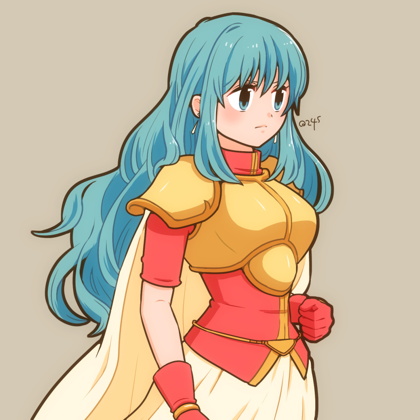 1girl 245_15277297 aqua_hair armor artist_name breastplate cape clenched_hand earrings eirika_(fire_emblem) fire_emblem fire_emblem:_the_sacred_stones gloves grey_background highres jewelry long_hair long_sleeves red_gloves red_shirt serious shirt simple_background skirt solo upper_body white_cape white_skirt
