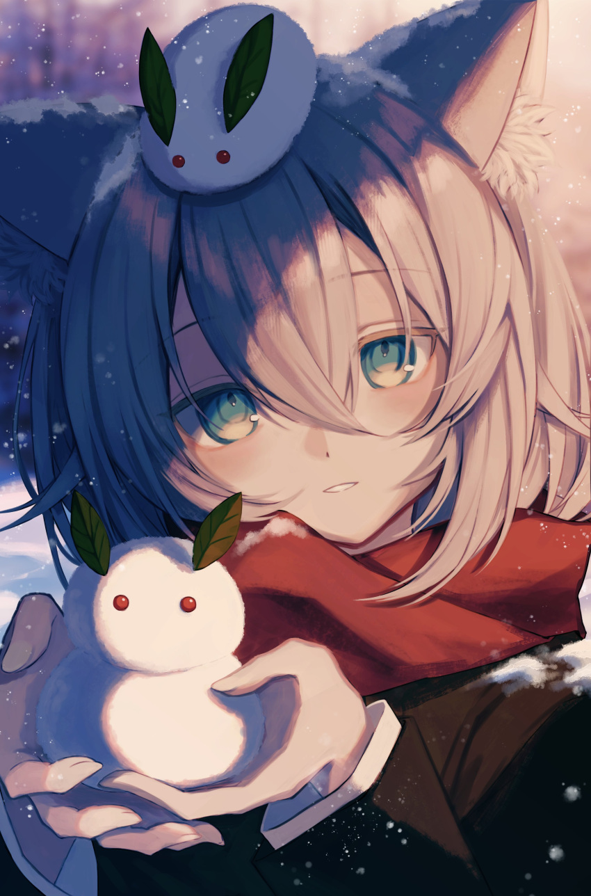 1girl absurdres animal_ear_fluff animal_ears blue_eyes cat_ears cat_girl highres light_brown_hair long_sleeves looking_at_viewer original red_scarf scarf smile snow snow_bunny snow_on_head squallea