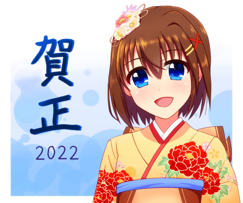 1girl 2022 bangs blue_eyes bob_cut brown_hair commentary floral_print flower hair_flower hair_ornament highres japanese_clothes kimono looking_at_viewer lyrical_nanoha mahou_shoujo_lyrical_nanoha_innocent new_year obi open_mouth outside_border print_kimono sash shin_(ustir7) short_hair simple_background smile solo translated upper_body white_background x_hair_ornament yagami_hayate yellow_kimono