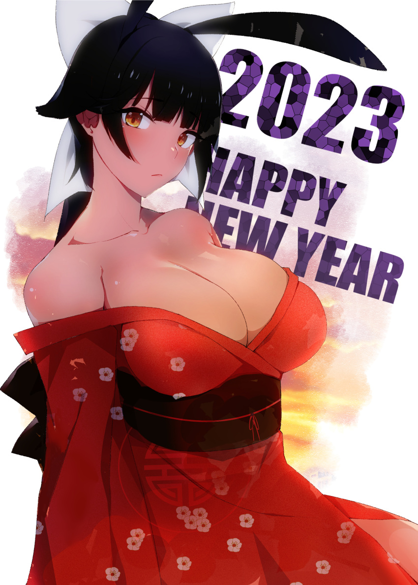 1girl 2023 absurdres alternate_costume azur_lane bare_shoulders black_hair black_sash bow breasts chiru_(218mg) cleavage floral_print from_side hair_bow happy_new_year highres huge_breasts japanese_clothes kimono long_hair long_sleeves looking_at_viewer red_kimono sash solo takao_(azur_lane) white_bow wide_sleeves yellow_eyes