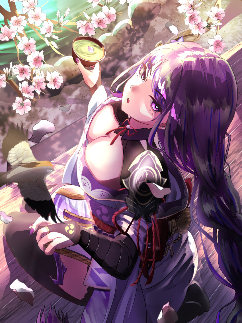 1girl absurdres armor bangs barona bird black_bird black_thighhighs braid braided_ponytail branch breasts bridal_gauntlets cherry_blossoms cleavage commentary_request cup falling_petals from_above genshin_impact hands_up highres holding holding_cup japanese_clothes kimono large_breasts long_hair looking_at_viewer looking_back mole mole_under_eye neck_ribbon obi obijime off_shoulder open_mouth petals petals_on_liquid pond porch purple_eyes purple_hair purple_kimono purple_nails raiden_shogun red_ribbon ribbon sash seiza shoulder_armor shrug_(clothing) sitting solo thighhighs