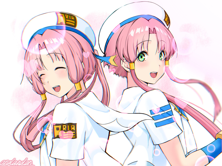 2girls absurdres andanden aria aria_company_uniform back-to-back bangs closed_eyes english_commentary eyelashes forehead gold_trim gradient gradient_background green_eyes hair_intakes hair_over_shoulder hair_tubes hand_up hat heart highres lens_flare logo long_hair looking_at_viewer mizunashi_akari multiple_girls open_mouth parted_bangs pink_background pink_hair ponytail sailor_collar sailor_hat shiny shiny_hair shirt short_hair_with_long_locks short_sleeves sidelocks signature teeth time_paradox uniform upper_body upper_teeth_only white_background white_shirt
