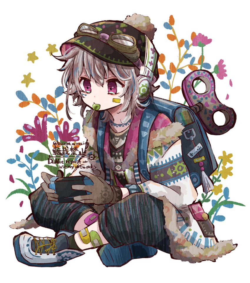 1boy artist_name bloomminority blue_hair candy fantasy floral_background flower food full_body gloves goggles goggles_on_head goggles_on_headwear hat highres light_blue_hair lollipop male_focus multicolored_hair nintendo_switch original pink_flower playing_games short_hair solo steampunk twitter_username white_background white_hair