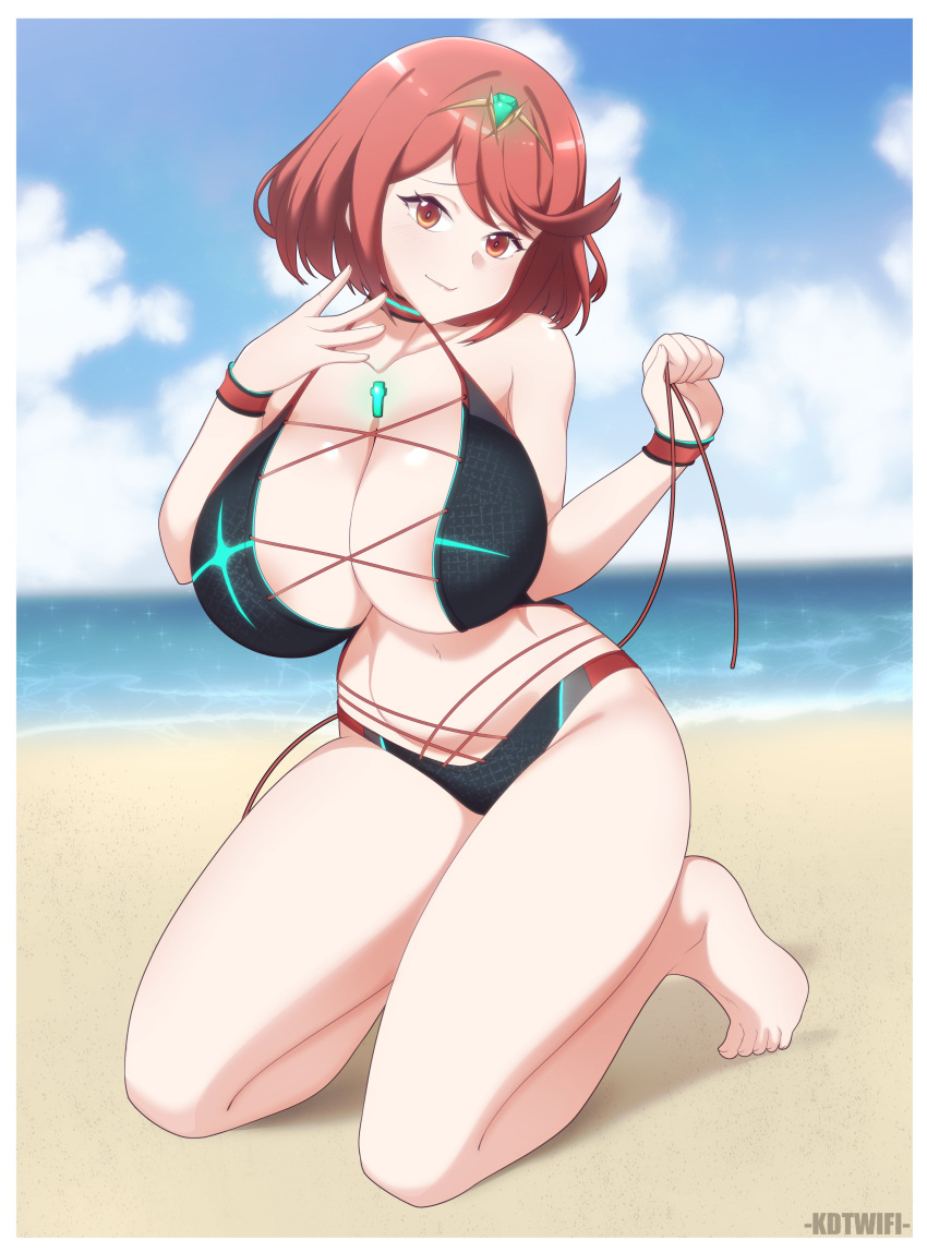 1girl absurdres bangs barefoot beach bikini black_bikini breasts chest_jewel choker cleavage gem highres huge_breasts kdtwifi kneeling looking_at_viewer navel ocean outdoors pyra_(xenoblade) red_eyes red_hair shiny shiny_skin short_hair sky solo stomach swept_bangs swimsuit thighs tiara tiptoes wristband xenoblade_chronicles_(series) xenoblade_chronicles_2