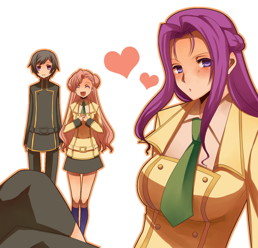 1boy 2girls black_hair code_geass cornelia_li_britannia euphemia_li_britannia eyes_closed female heart highres kisaragi_n lelouch_lamperouge long_hair miniskirt multiple_girls necktie open_mouth pink_hair purple_eyes purple_hair school_uniform short_hair siblings sisters skirt spicywolf0215 uniform