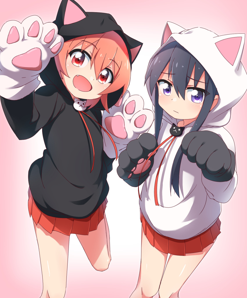 2girls :d animal_ears animal_hood bangs black_hair black_hoodie blush brown_hair cat_ears cat_hood commentary_request eyebrows_visible_through_hair fang gloves gradient gradient_background hair_between_eyes hands_up head_tilt highres hood hood_up hoodie hoshino_hinata long_hair long_sleeves looking_at_viewer minowa_sukyaru multiple_girls open_mouth paw_gloves paws pink_background pleated_skirt purple_eyes red_eyes red_skirt shirosaki_hana sidelocks skirt smile standing standing_on_one_leg watashi_ni_tenshi_ga_maiorita! white_background white_hoodie