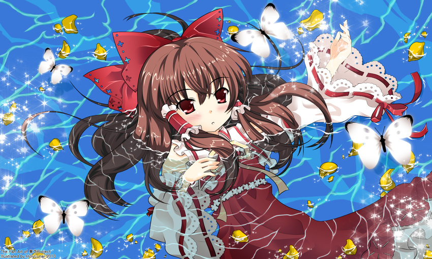 bad_id bad_pixiv_id banned_artist bow brown_hair bug butterfly detached_sleeves hair_bow hakurei_reimu holylunar insect red_eyes short_hair solo touhou water