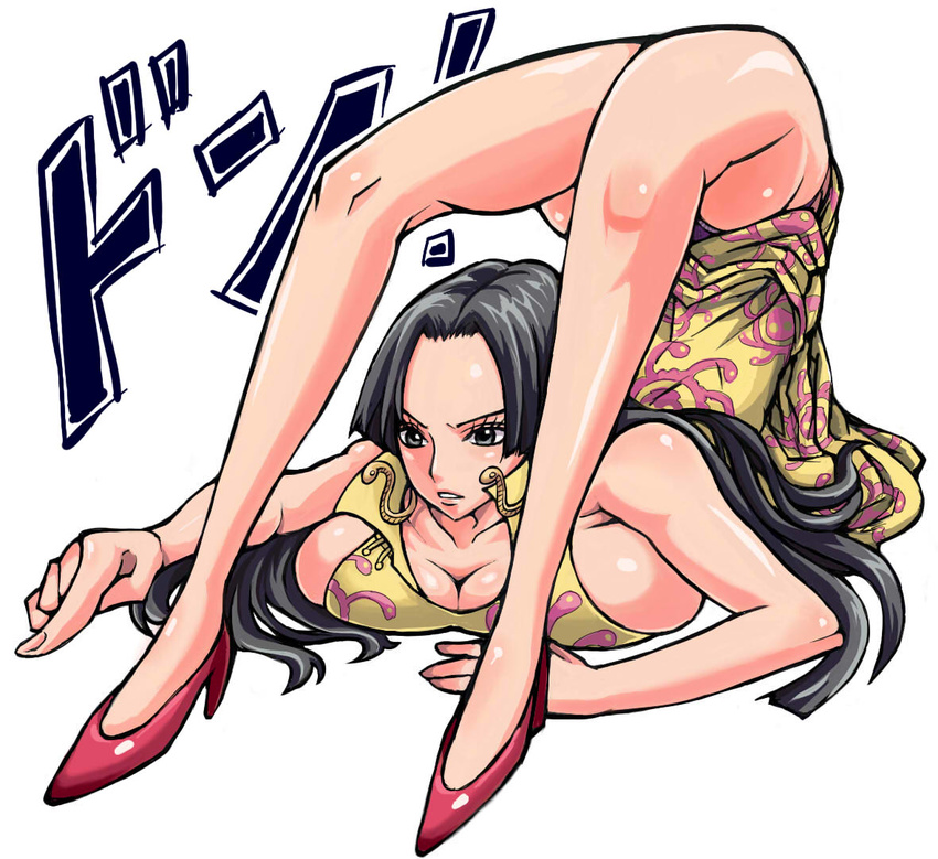 black_eyes black_hair boa_hancock breasts chest_stand cleavage contortion dress earrings flexible high_heels jewelry large_breasts one_piece shoes solo teruki